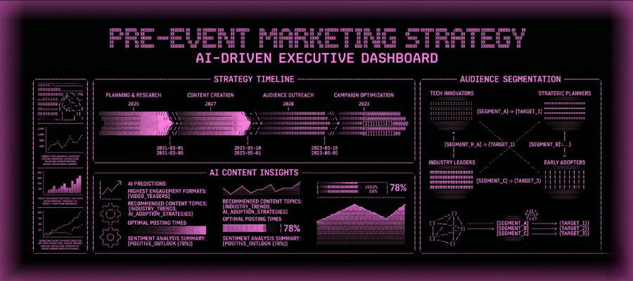 ASCII-style dashboard visualizing AI-driven pre-event marketing insights and conference promotion data