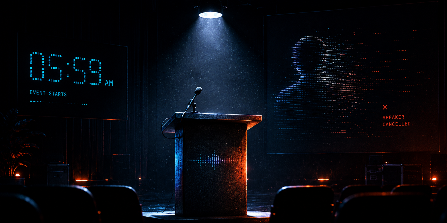 Empty theatrical spotlight on a dark stage, symbolizing a keynote speaker cancellation