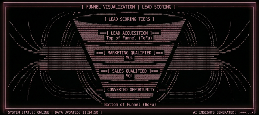 ASCII funnel representing lead scoring tiers (top to bottom narrowing) built with dense pink micro-typography on black background, minimal high-contrast layout