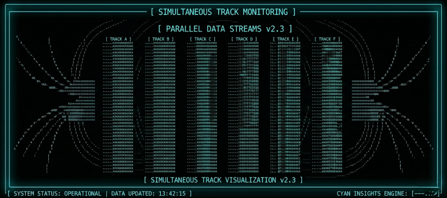 ASCII visualization of parallel conference tracks showing simultaneous session capture and content flow