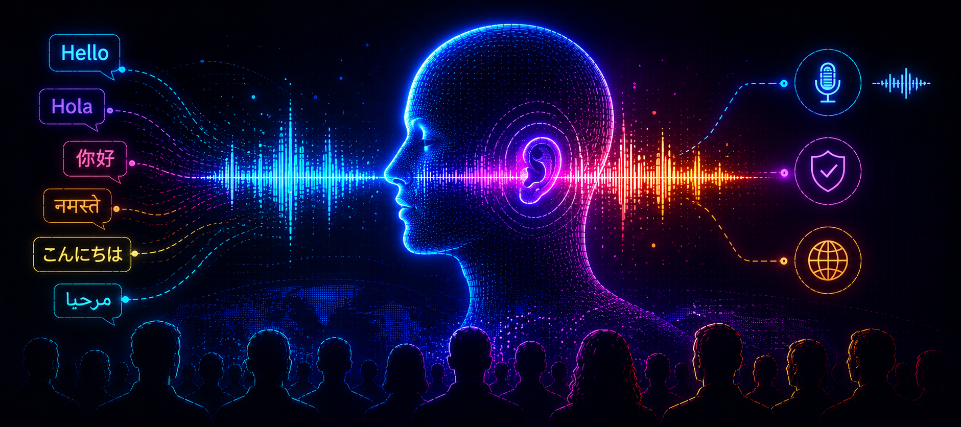 A speaker on stage with sound waves splitting into multiple languages, representing AI voice cloning at international events