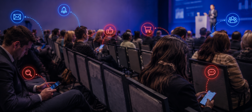 A packed conference room of attendees physically present but looking down at their phones, representing the quiet quitting of conferences in 2026