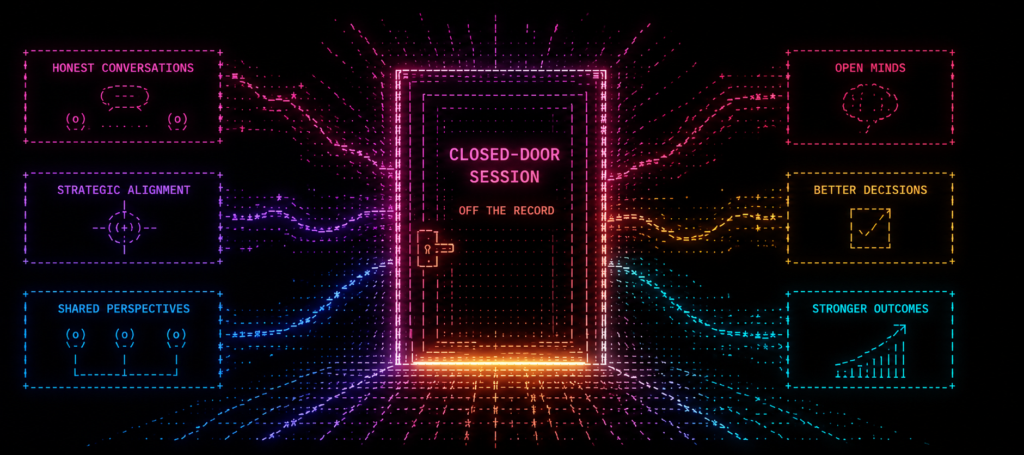 A dimly lit private meeting room with closed double doors and a small reserved sign, symbolizing the comeback of closed-door executive sessions