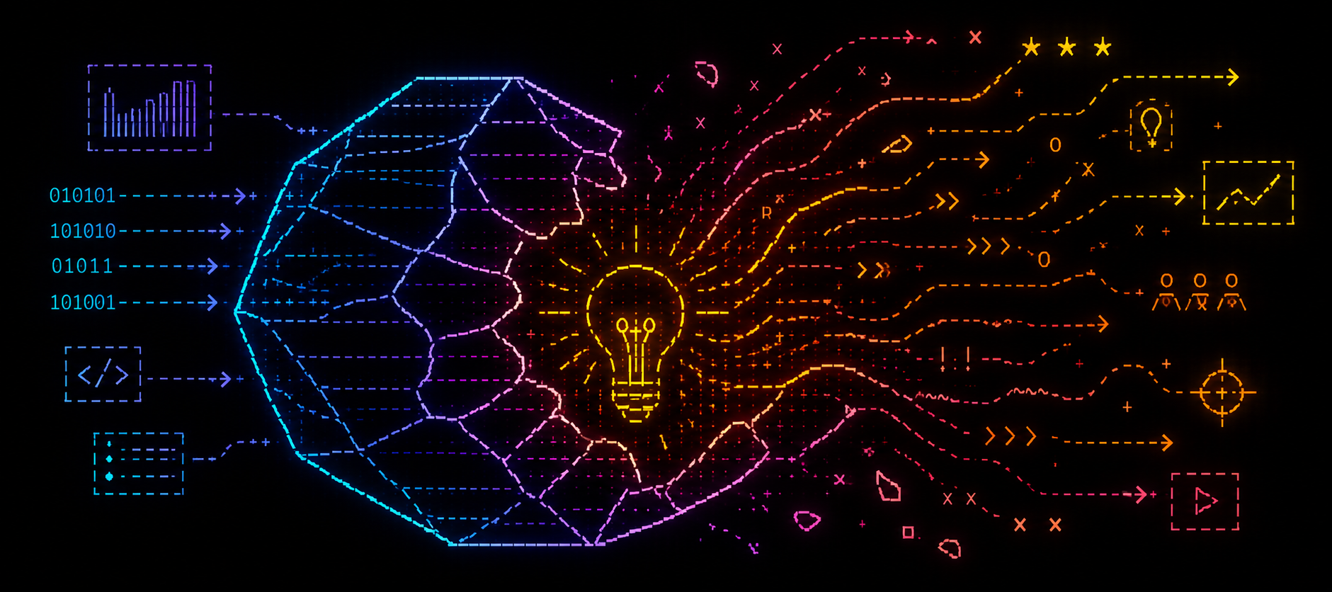 Neon ASCII illustration of a cracked geometric shell releasing chaotic streams of glowing ideas and signals from a bright central lightbulb on a dark background.