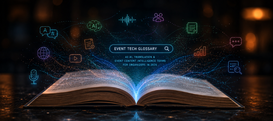 Event tech glossary defining 40 AI, translation, and event content intelligence terms for organizers in 2026